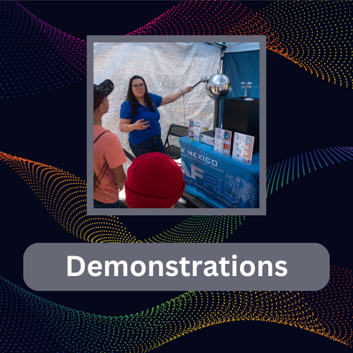 One image above text that says "Dermonstrations". The image shows a STEM professional operating a Van de Graaff generator for an interested group of students.