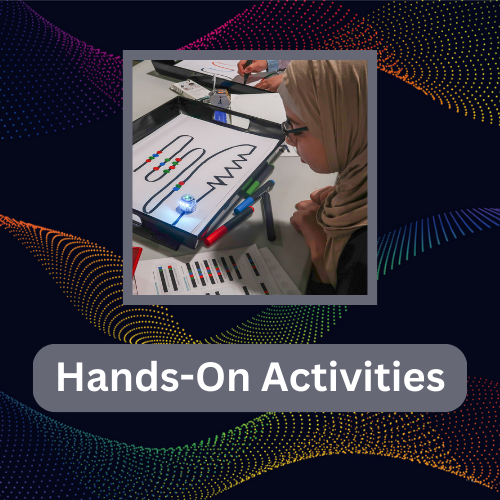 One image over text that reads "Hands-On Activities". The image shows a student working with Ozobots, tiny robots that use colors to navigate.