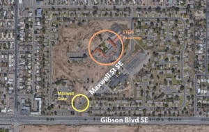 A map showing the location of the Maxwell Gate and the STEM Academy, north of Gibson.